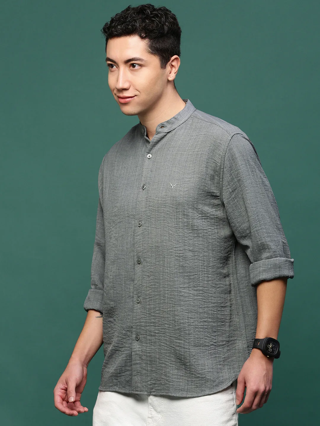Men Grey Solid Cotton Slim Fit Shirt