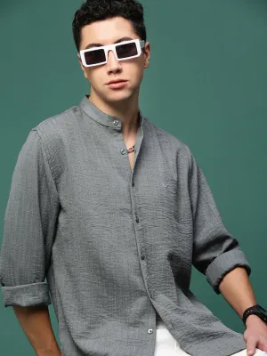 Men Grey Solid Cotton Slim Fit Shirt