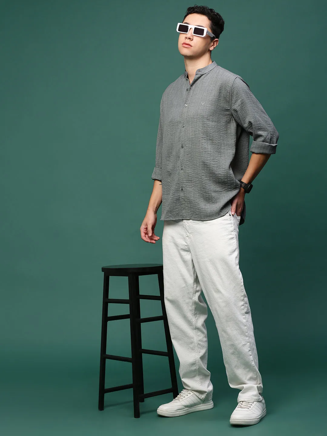 Men Grey Solid Cotton Slim Fit Shirt