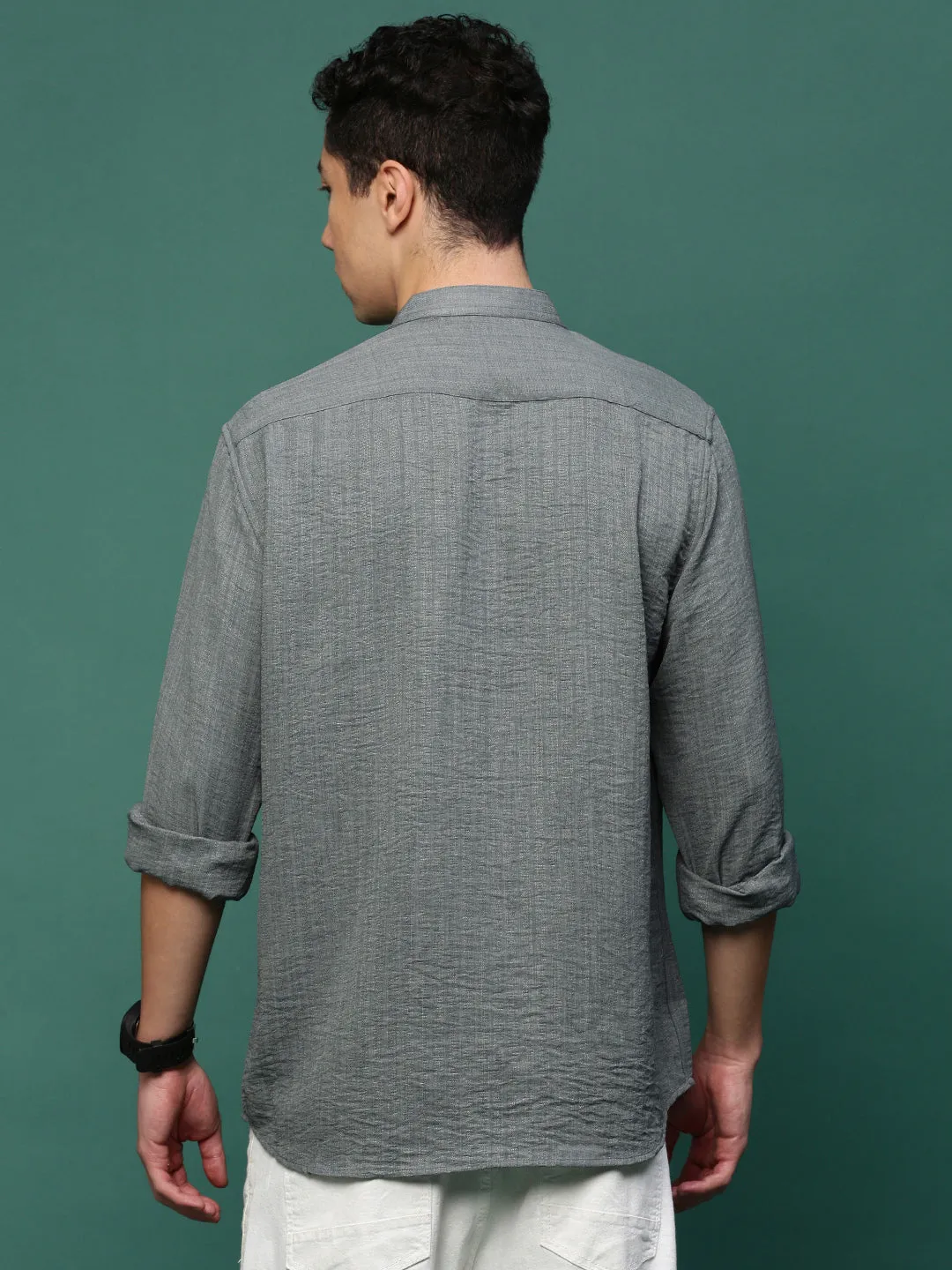 Men Grey Solid Cotton Slim Fit Shirt