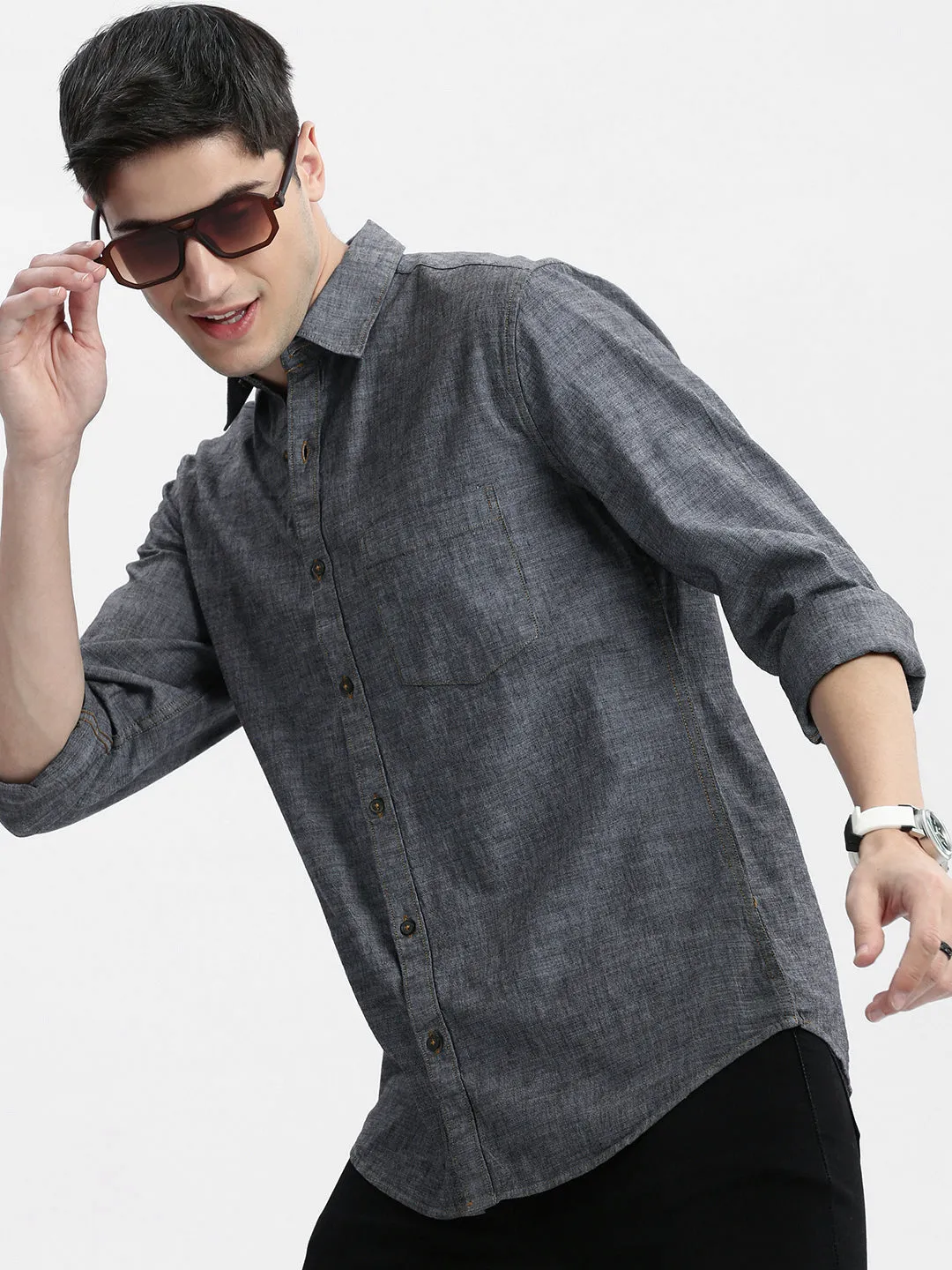 Men Grey Standard Slim Fit Opaque Printed Cotton Casual Shirt
