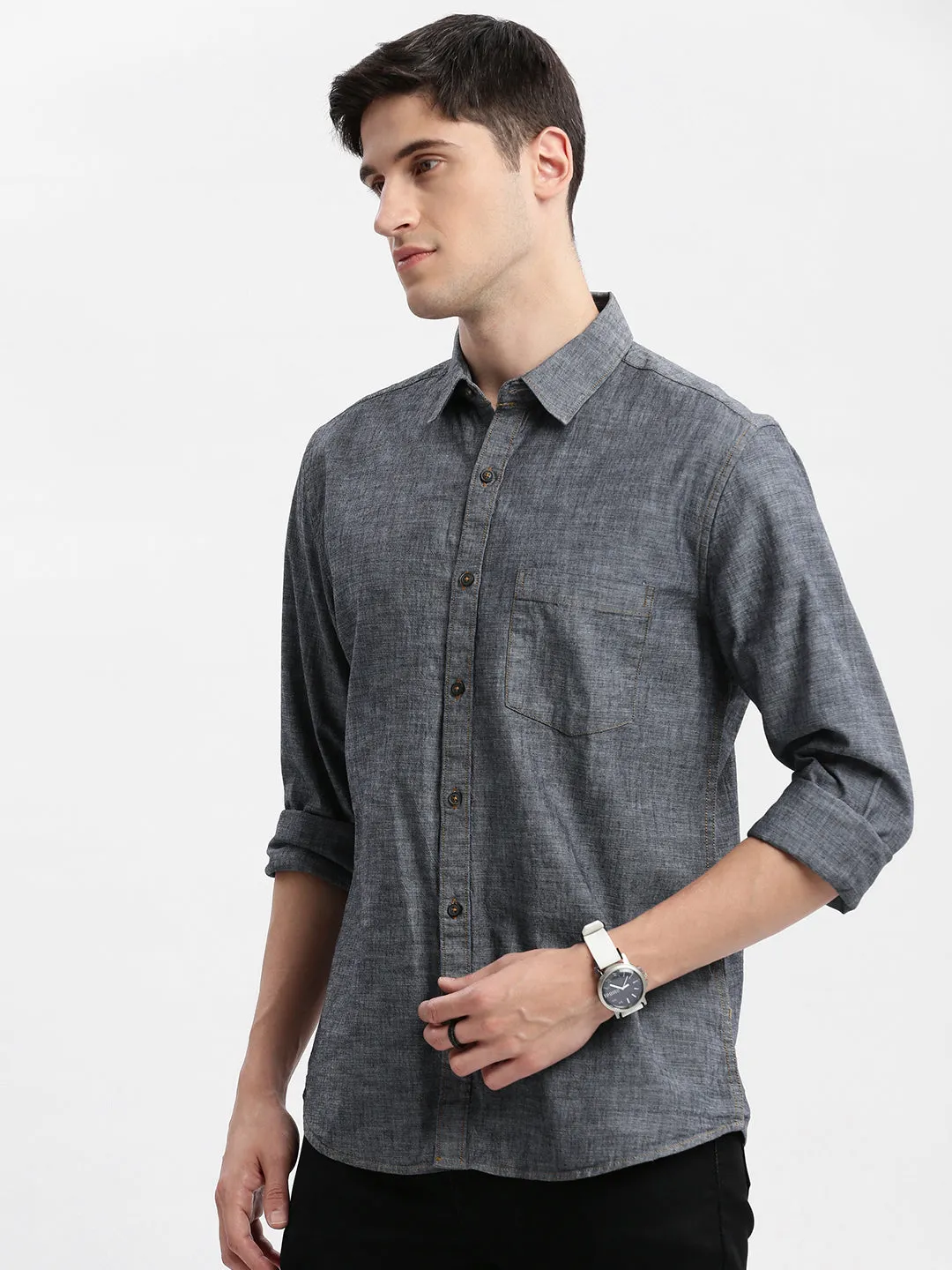 Men Grey Standard Slim Fit Opaque Printed Cotton Casual Shirt
