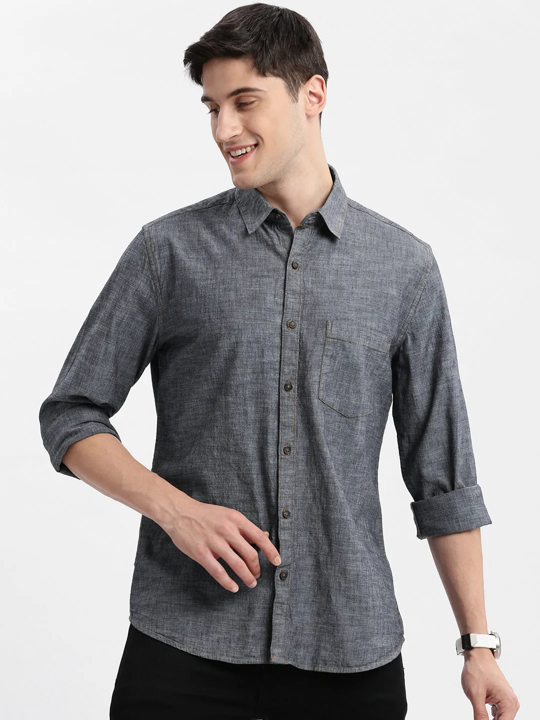 Men Grey Standard Slim Fit Opaque Printed Cotton Casual Shirt