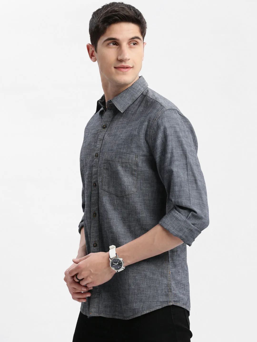 Men Grey Standard Slim Fit Opaque Printed Cotton Casual Shirt