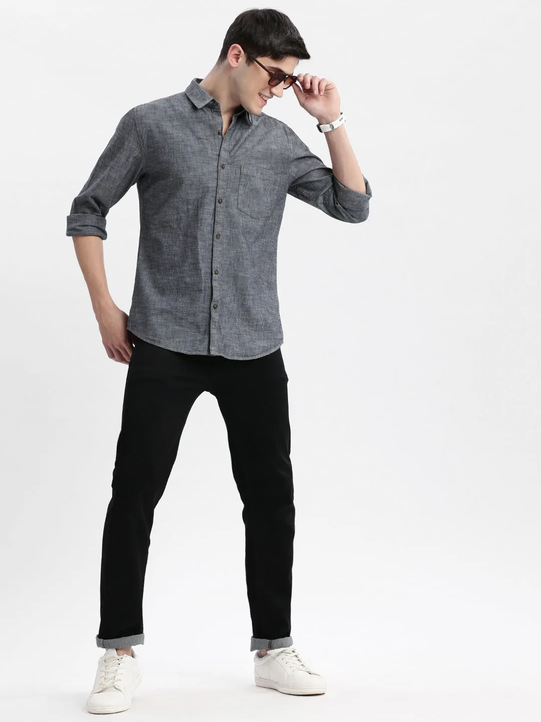 Men Grey Standard Slim Fit Opaque Printed Cotton Casual Shirt