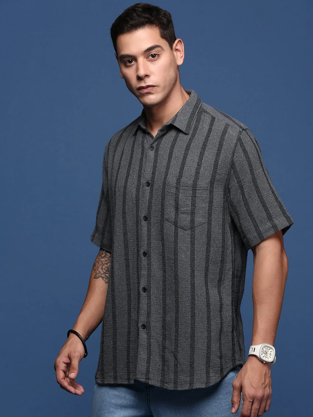 Men Grey Standard Slim Fit Opaque Striped Casual Shirt