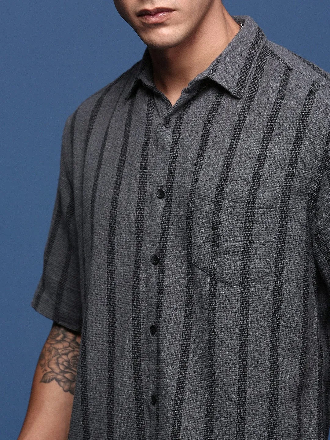 Men Grey Standard Slim Fit Opaque Striped Casual Shirt