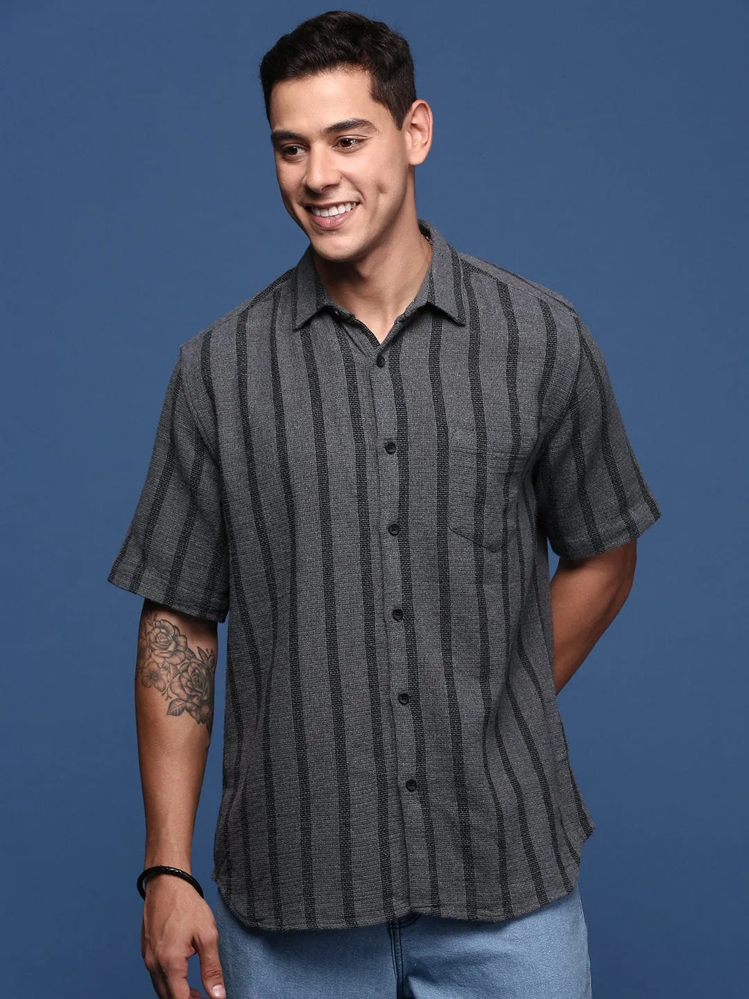 Men Grey Standard Slim Fit Opaque Striped Casual Shirt