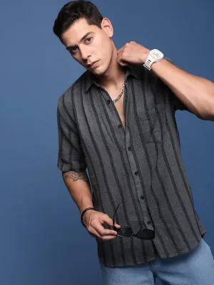 Men Grey Standard Slim Fit Opaque Striped Casual Shirt