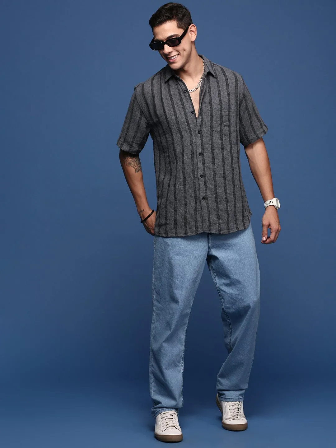 Men Grey Standard Slim Fit Opaque Striped Casual Shirt