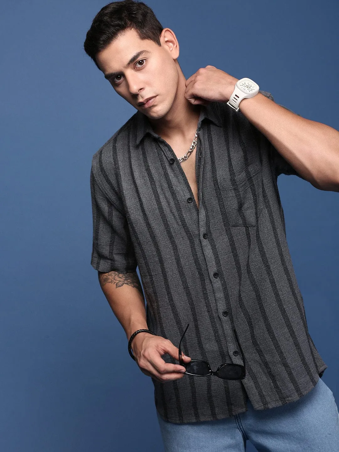 Men Grey Standard Slim Fit Opaque Striped Casual Shirt