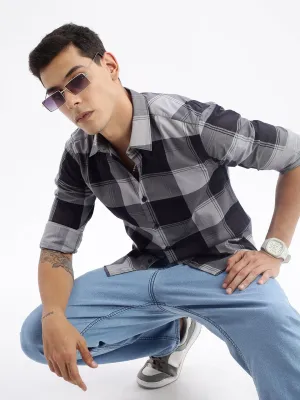 Men Grey Standard Slim Fit Tartan Checks Cotton Casual Shirt