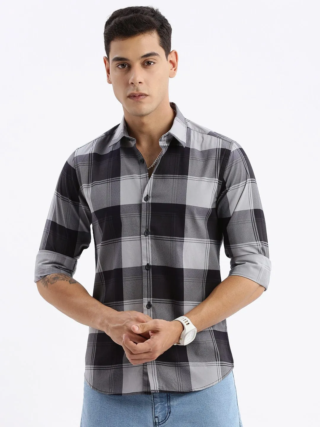 Men Grey Standard Slim Fit Tartan Checks Cotton Casual Shirt