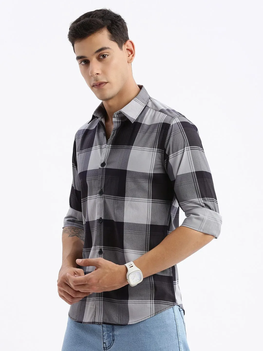 Men Grey Standard Slim Fit Tartan Checks Cotton Casual Shirt