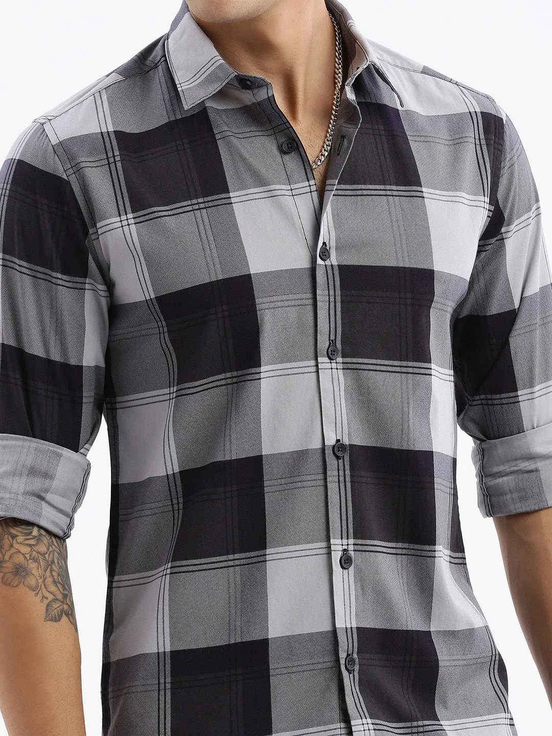 Men Grey Standard Slim Fit Tartan Checks Cotton Casual Shirt