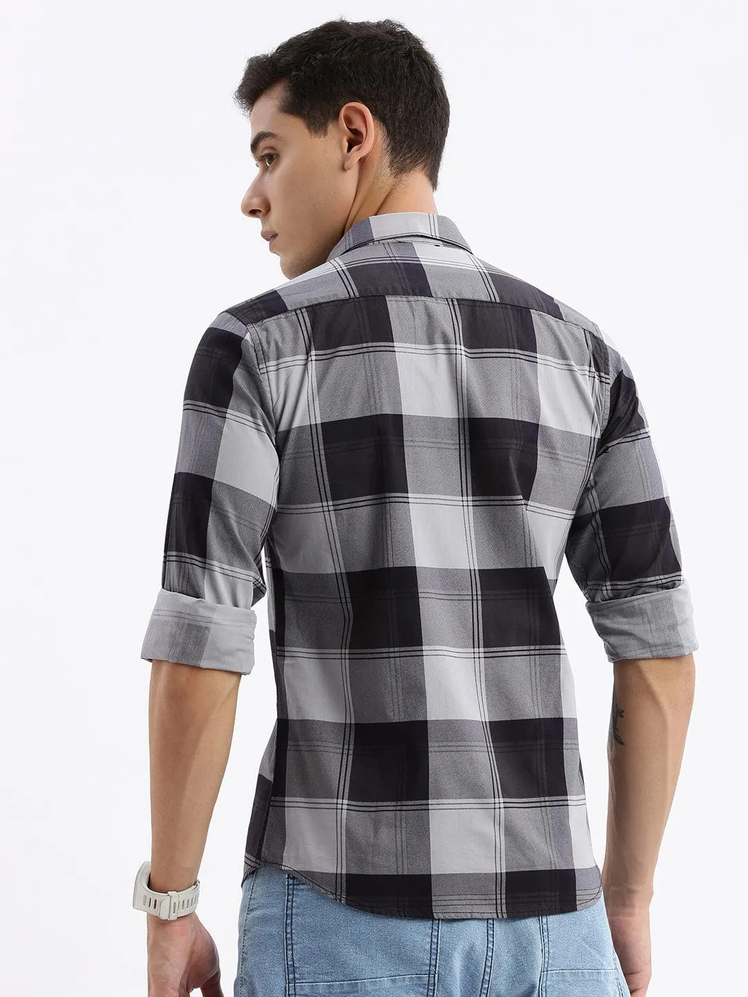 Men Grey Standard Slim Fit Tartan Checks Cotton Casual Shirt