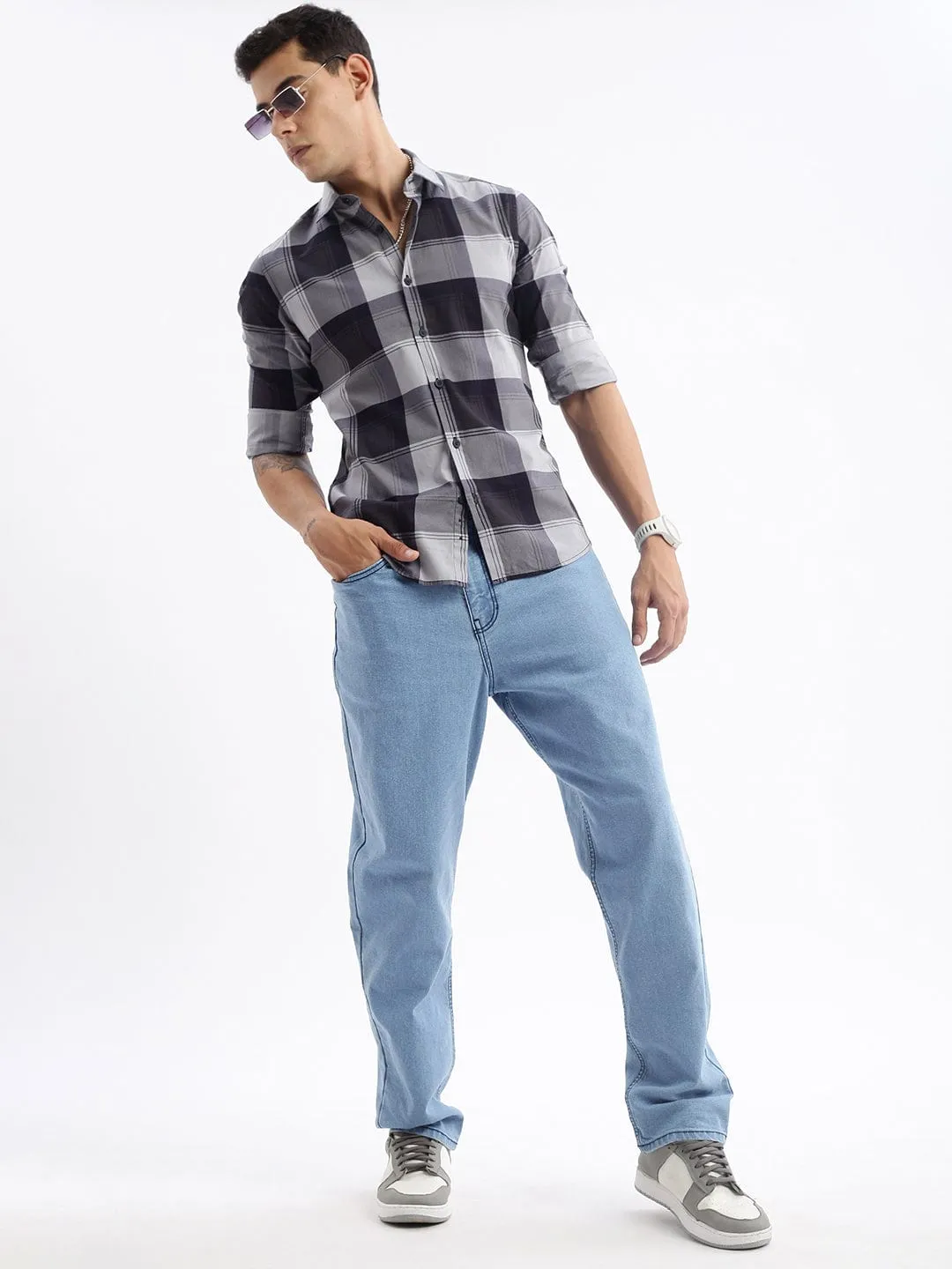 Men Grey Standard Slim Fit Tartan Checks Cotton Casual Shirt