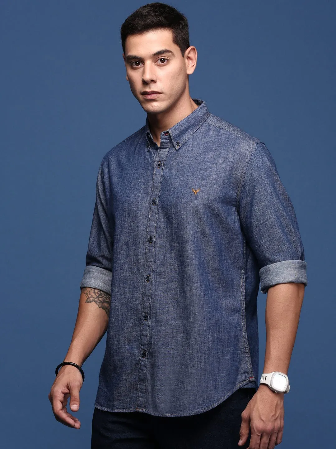 Men Navy Blue Standard Slim Fit Opaque Printed Casual Shirt