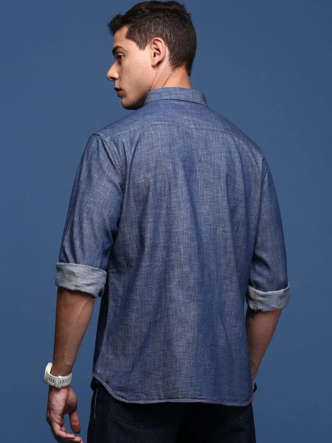 Men Navy Blue Standard Slim Fit Opaque Printed Casual Shirt