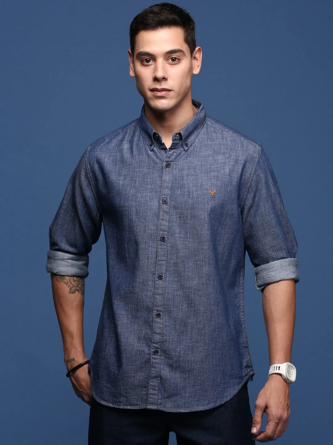 Men Navy Blue Standard Slim Fit Opaque Printed Casual Shirt