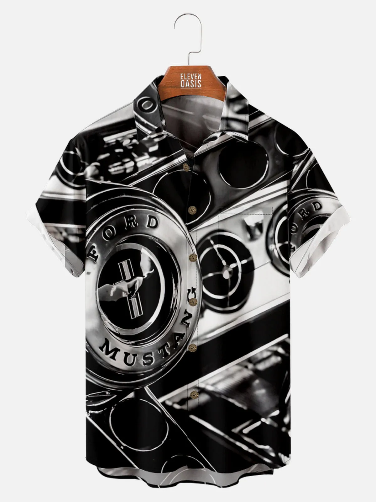 Men's Close Up of Ford Mustang Black and White Short Sleeve Shirt