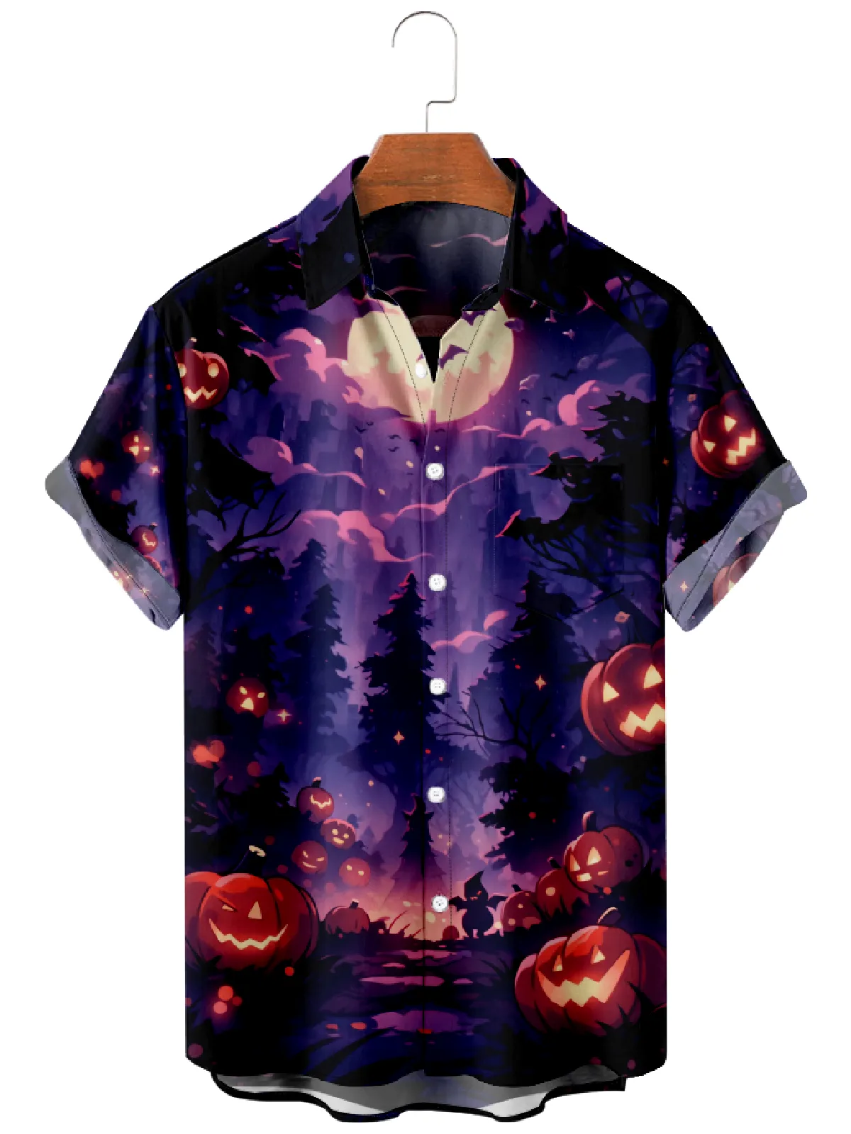 Men's Creepy Halloween Forest in the Night with Smiling Pumpkins Short Sleeve Shirt