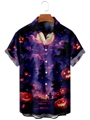 Men's Creepy Halloween Forest in the Night with Smiling Pumpkins Short Sleeve Shirt