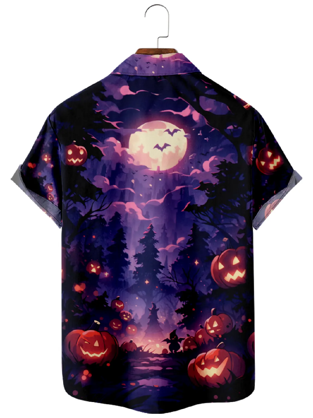 Men's Creepy Halloween Forest in the Night with Smiling Pumpkins Short Sleeve Shirt