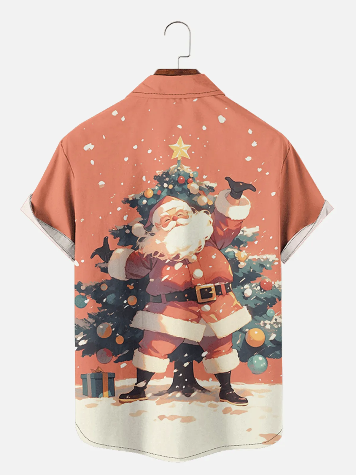 Men's Happy Santa Presenting a Christmas Tree Short Sleeve Shirt