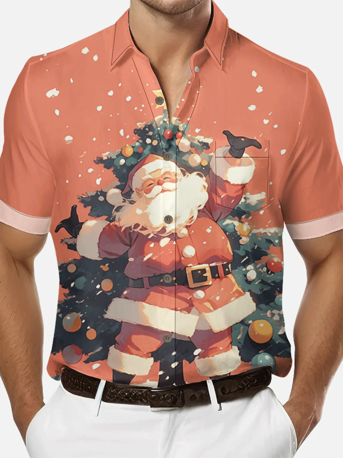 Men's Happy Santa Presenting a Christmas Tree Short Sleeve Shirt