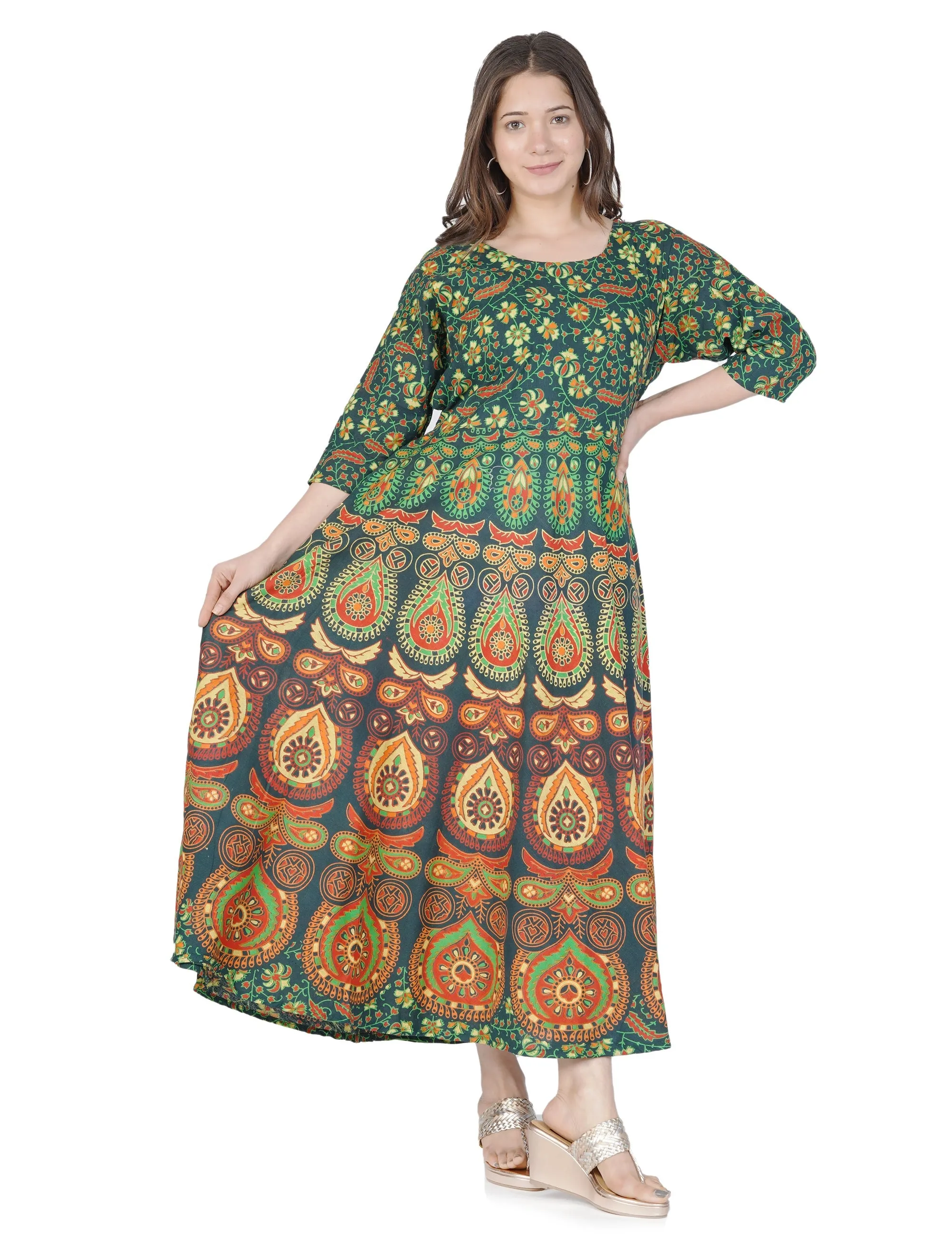 Stylish Fancy Women Cotton Maternity Semi-Stitched Fabric Maxi Dress -Free Size Dark Green