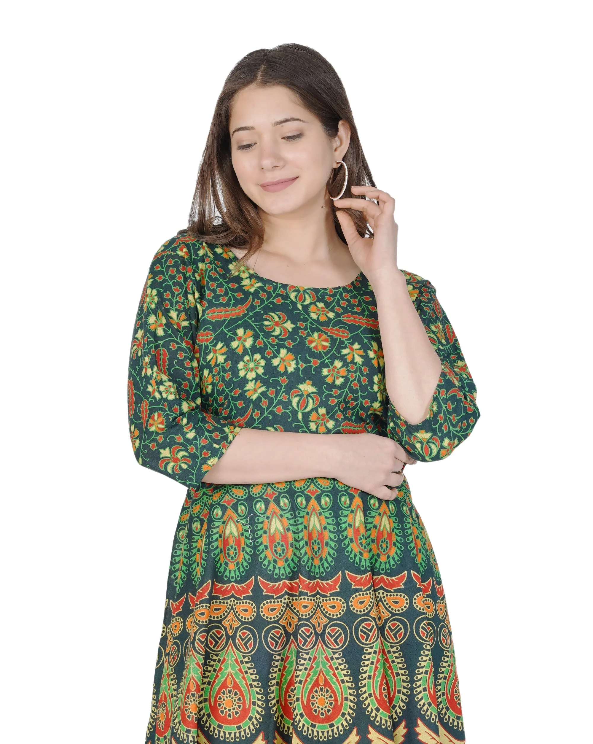 Stylish Fancy Women Cotton Maternity Semi-Stitched Fabric Maxi Dress -Free Size Dark Green