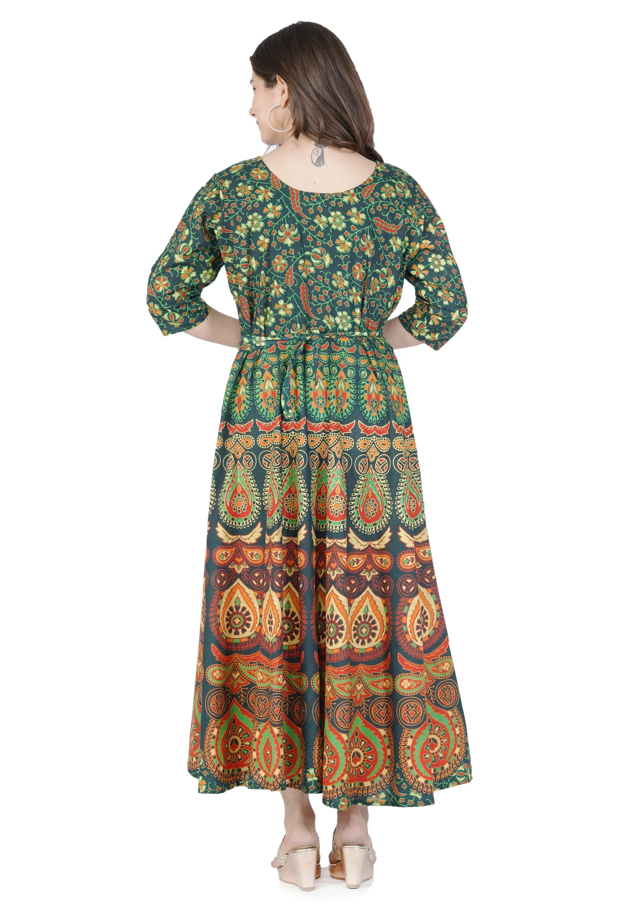 Stylish Fancy Women Cotton Maternity Semi-Stitched Fabric Maxi Dress -Free Size Dark Green