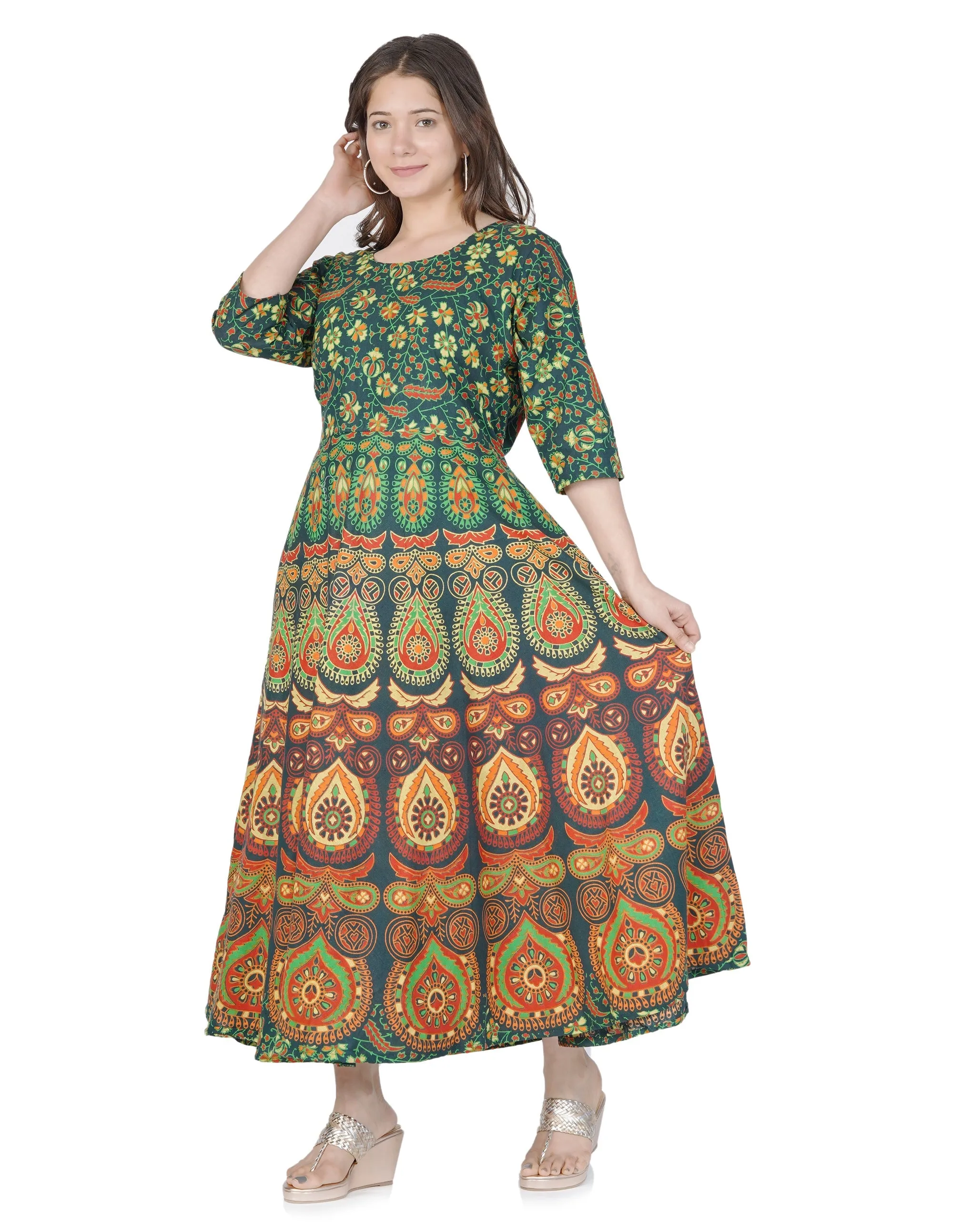 Stylish Fancy Women Cotton Maternity Semi-Stitched Fabric Maxi Dress -Free Size Dark Green