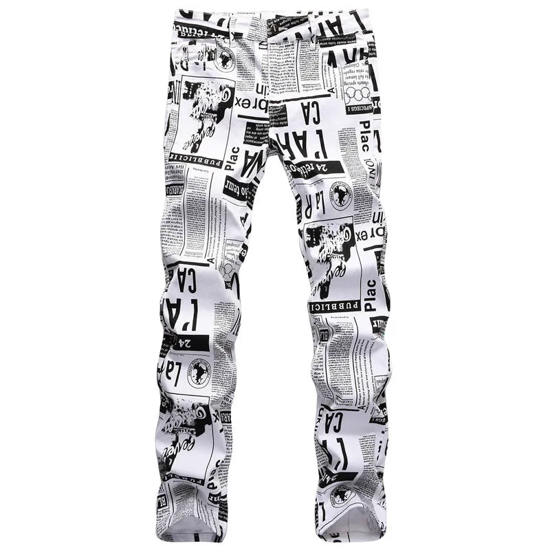 Stylish Individuality Casual Men's Printed Jeans Slim Straight Pants