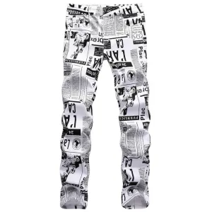 Stylish Individuality Casual Men's Printed Jeans Slim Straight Pants