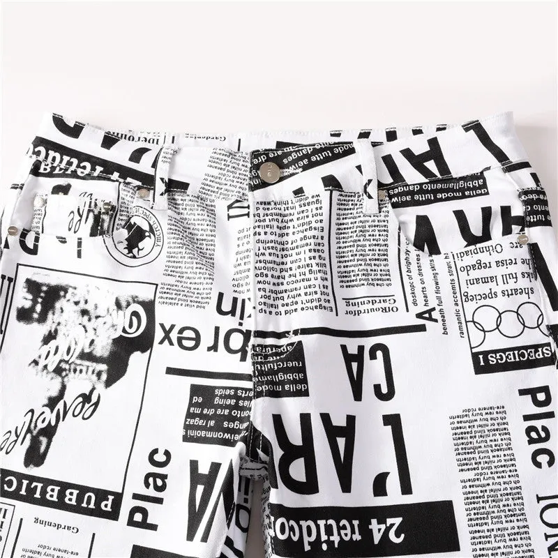 Stylish Individuality Casual Men's Printed Jeans Slim Straight Pants