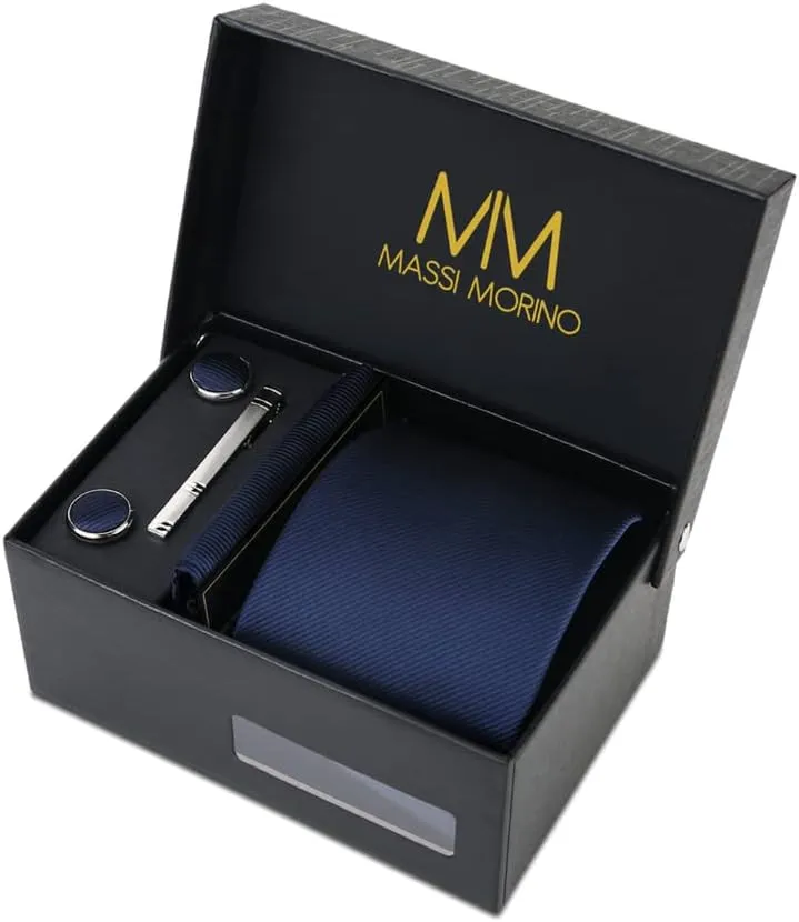 Ties for Men Set with Pocket Square Cufflink and Tie Clip | Necktie Handkerchief in Gift Box for Wedding and Business