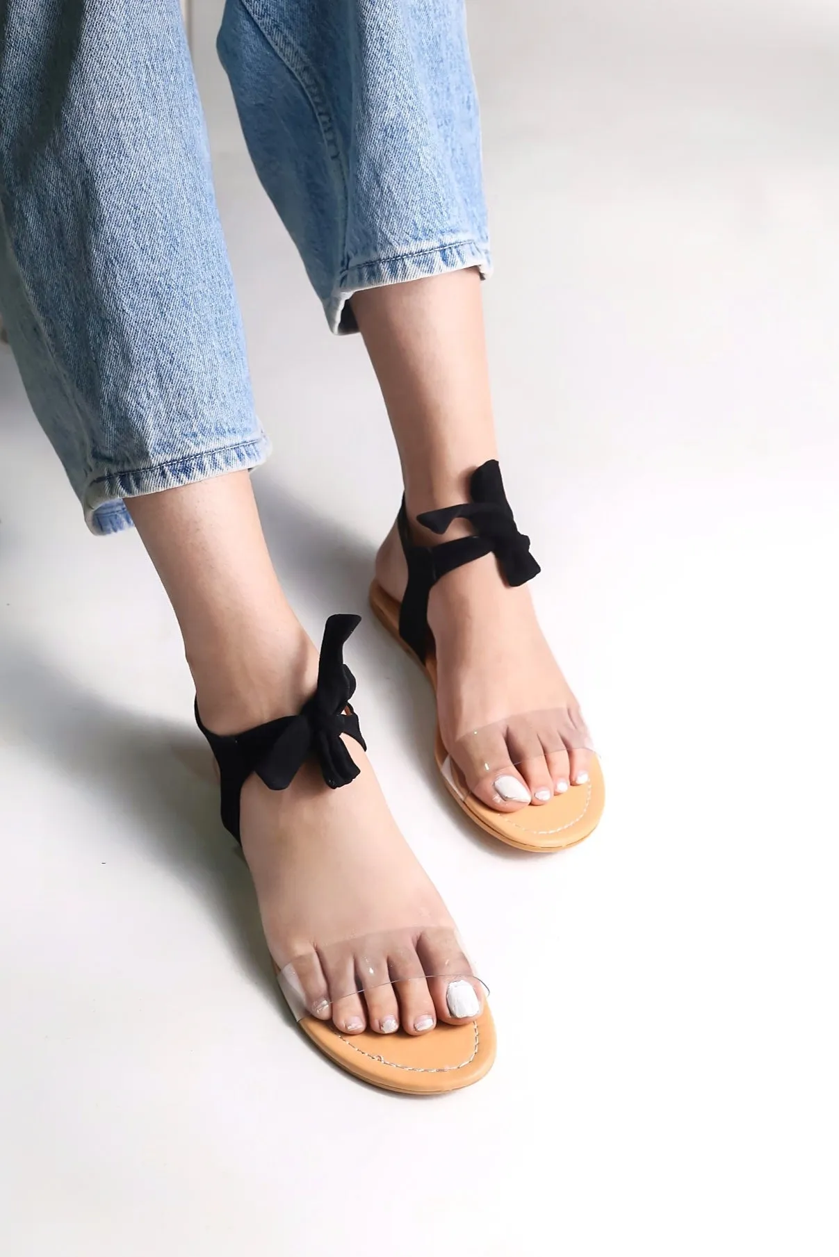 Women Black Suede Transparent Tie Up Fashion Sandal