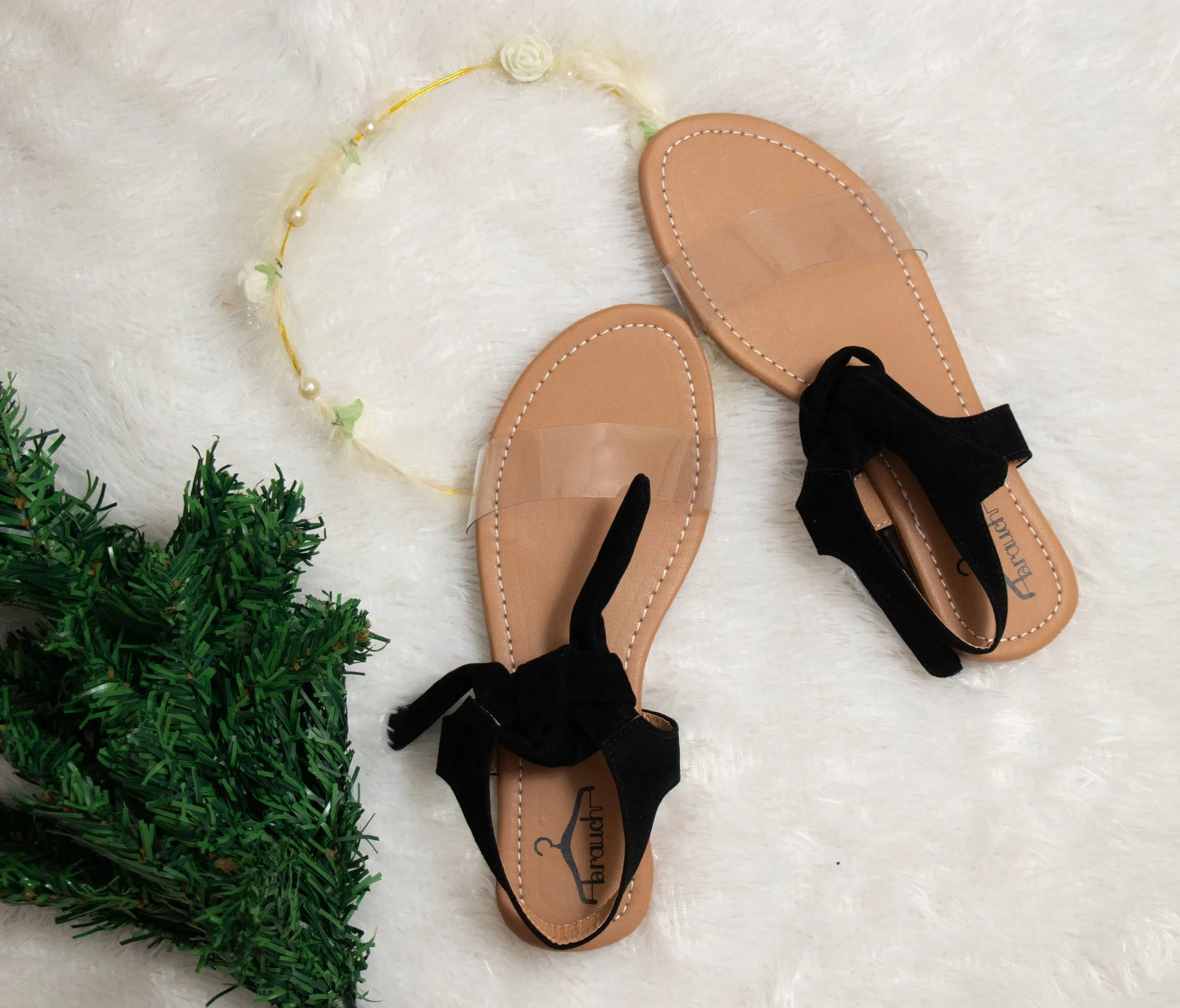 Women Black Suede Transparent Tie Up Fashion Sandal