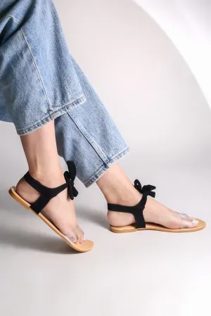 Women Black Suede Transparent Tie Up Fashion Sandal