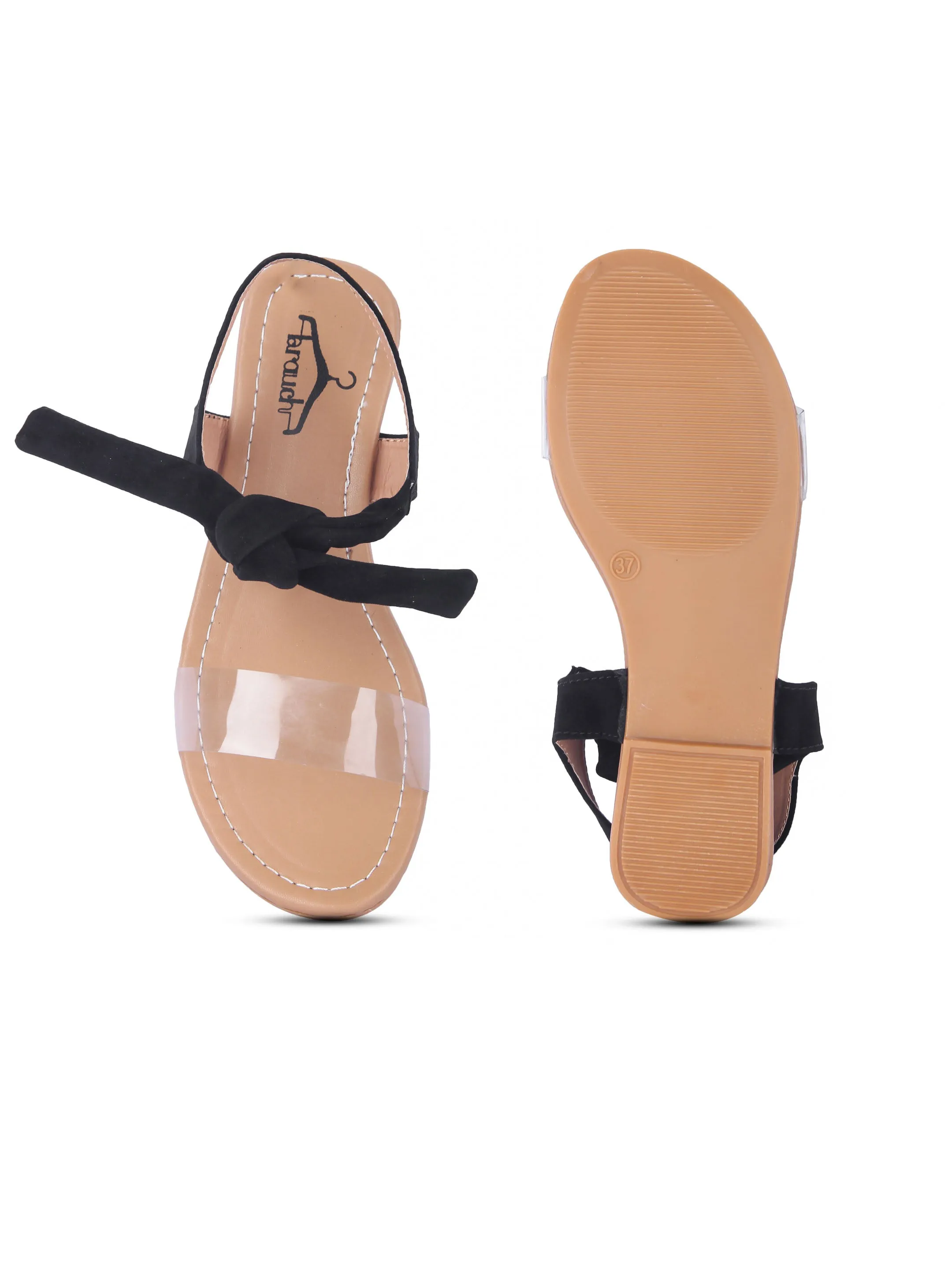 Women Black Suede Transparent Tie Up Fashion Sandal