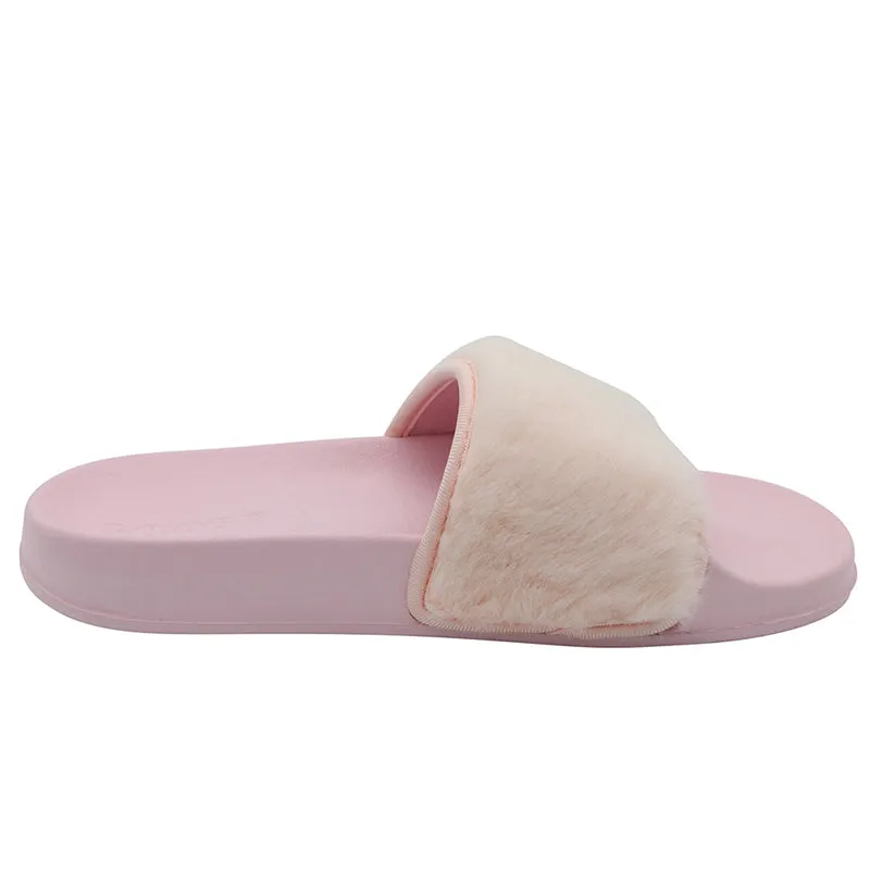 Women Slip on Faux Fur Trim Flat Slipper Open Toe Ladies Sandals