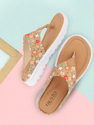Women Tan Comfort Fashion Stylish Floral Print Design Strap Thong Flats Wedges Slipper