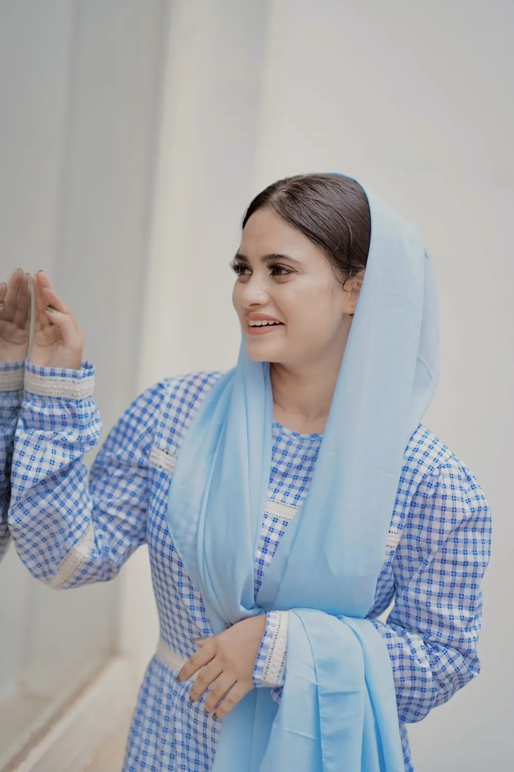 Women White and Blue Checks Maxi Dress (GBGM006B)