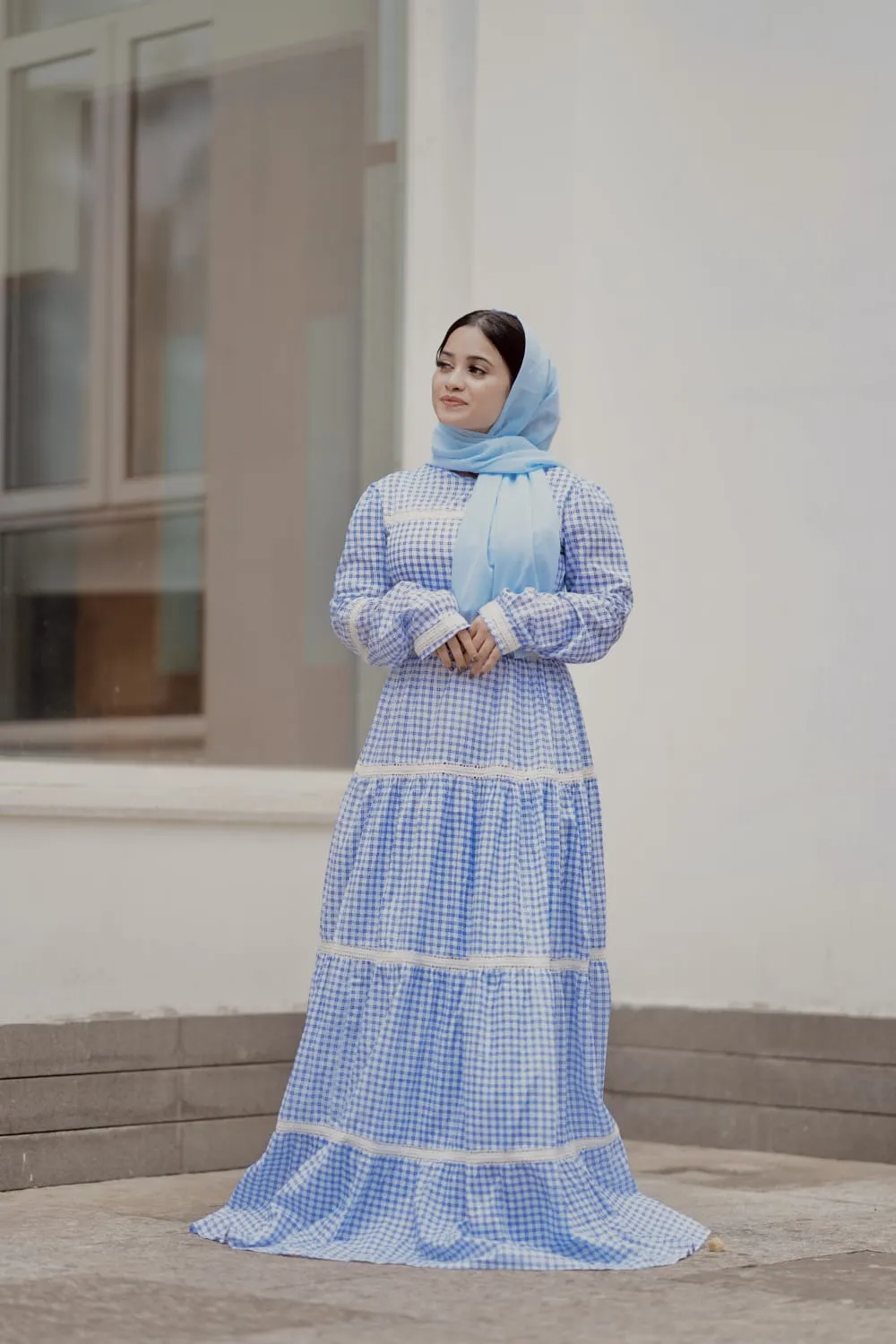 Women White and Blue Checks Maxi Dress (GBGM006B)