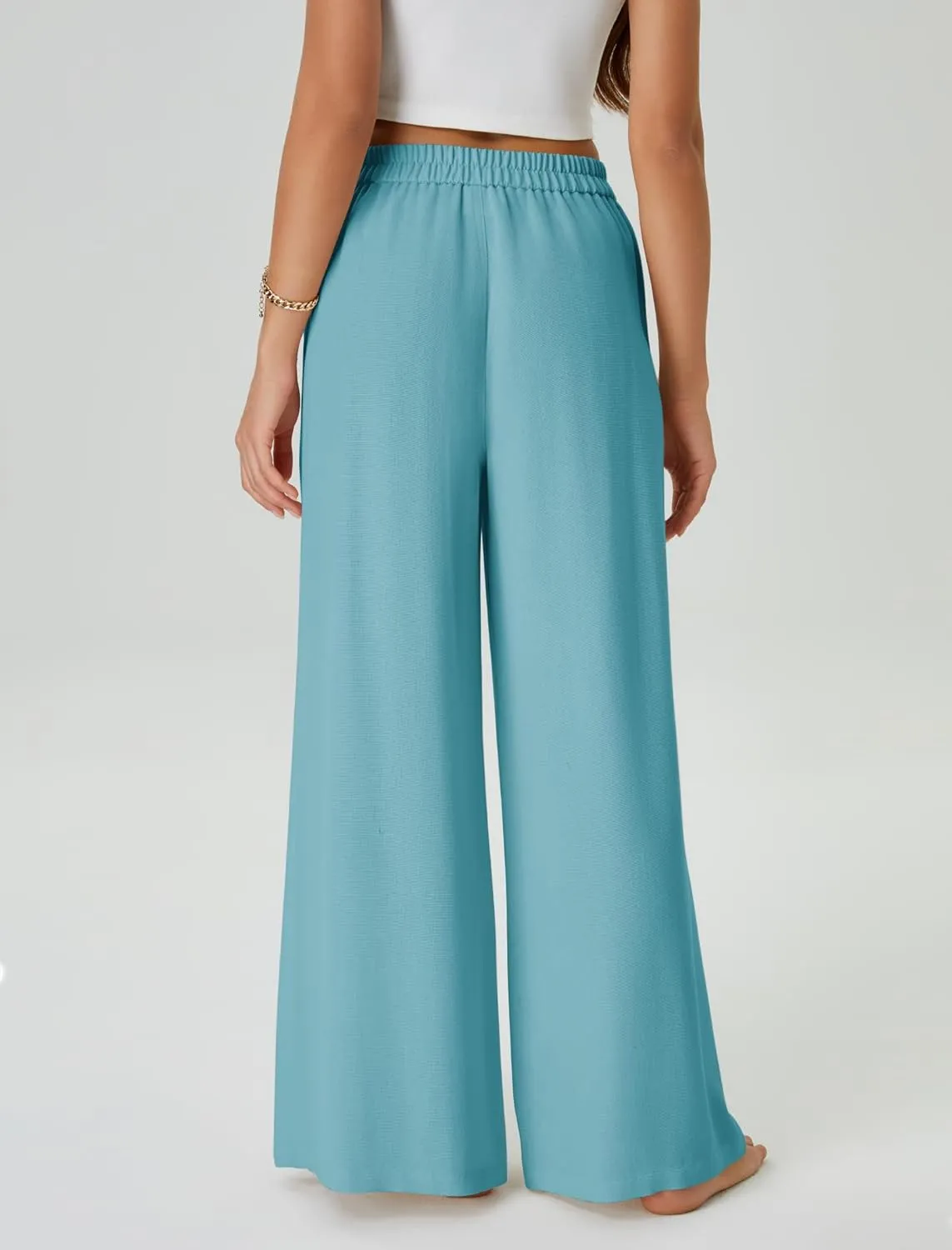 Womens Casual Linen High Waist Wide Leg Pants Palazzo Boho Flowy Beach Vacation Lounge Trousers with Pockets