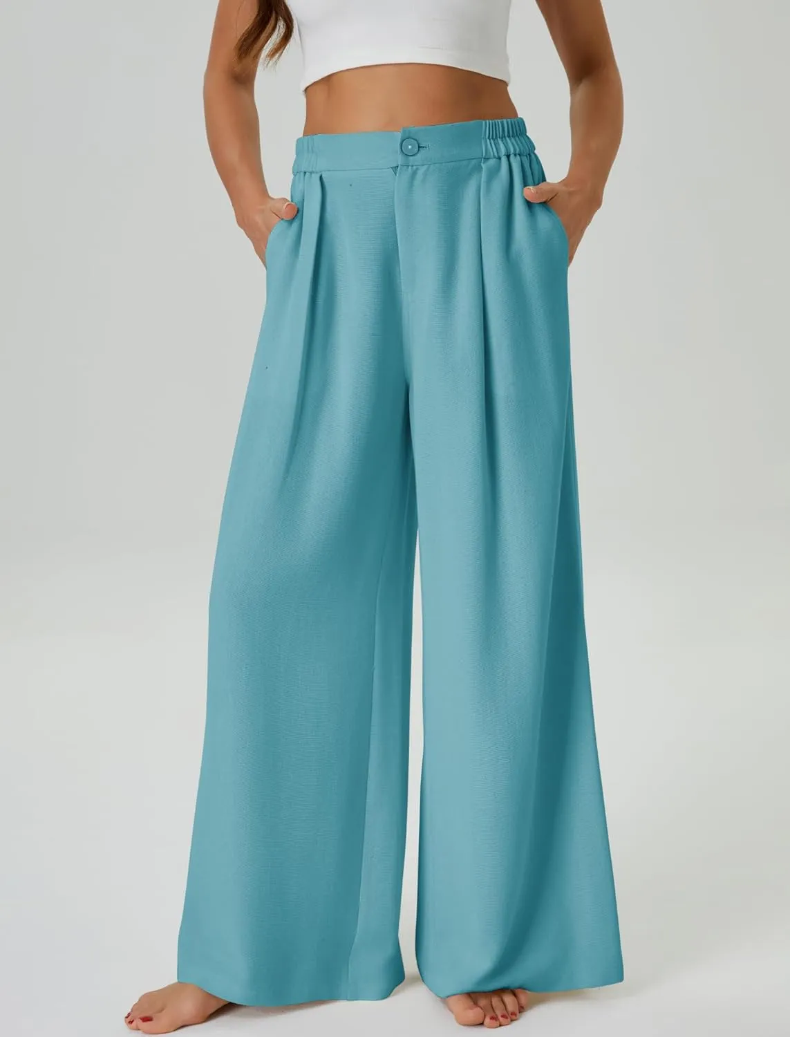 Womens Casual Linen High Waist Wide Leg Pants Palazzo Boho Flowy Beach Vacation Lounge Trousers with Pockets