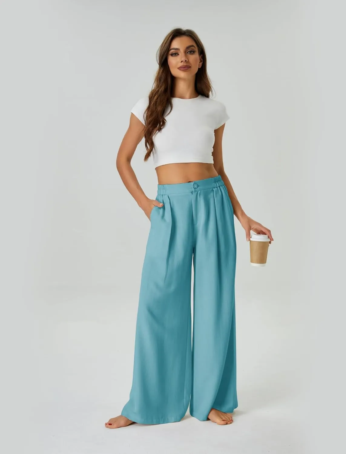 Womens Casual Linen High Waist Wide Leg Pants Palazzo Boho Flowy Beach Vacation Lounge Trousers with Pockets