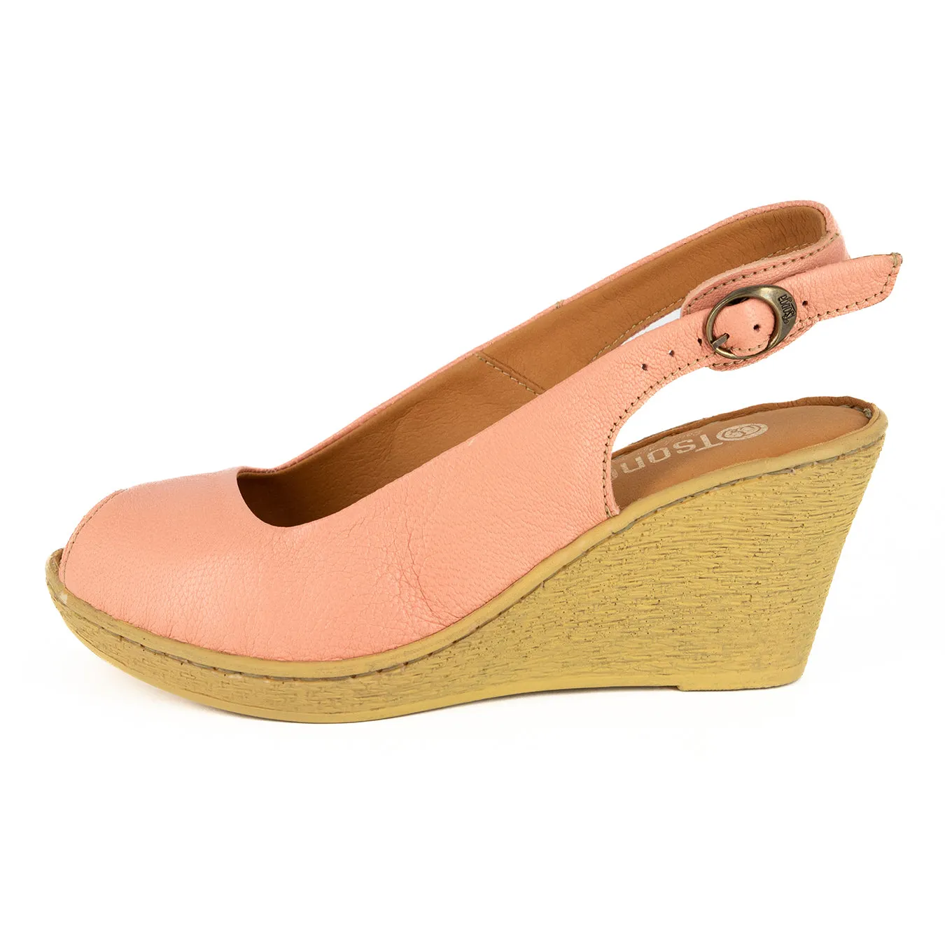 Zangemuva : Ladies Leather Peep-Toe High-Heel Wedge Sandal in Papaya Cayak